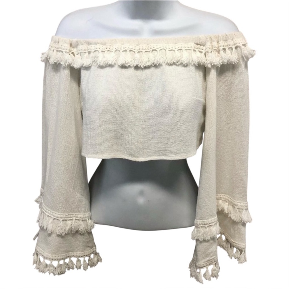 NWT Skylar + Madison Boho Tassel Fringe Bell Sleeve Crop Top Off-the-Shoulder